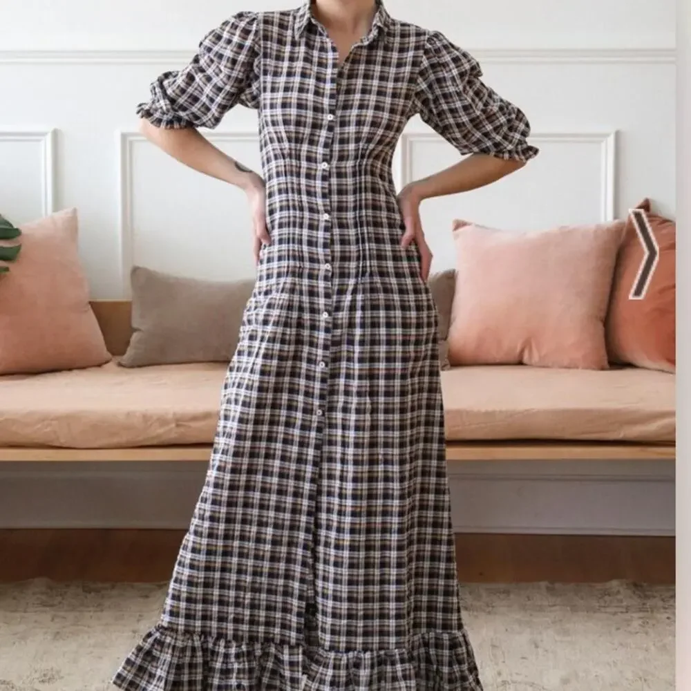 Mille Resort Blue Brown Plaid Button Front Maxi Dress XXS - Picture 2 of 10